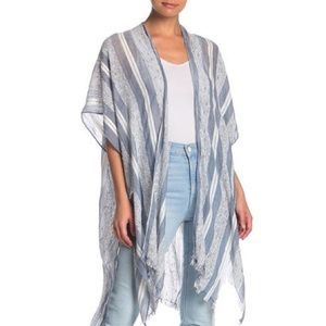 Blue and White Striped Kimono with Frayed Edge | One Size